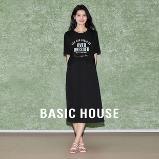 百家好夏季 字母印花圓領連衣裙蕾絲拼接直筒百褶裙女 House Basic