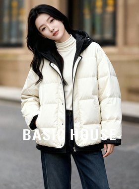Basic House/百家好连帽短款白色羽绒服女冬季冬季新款休闲风外套