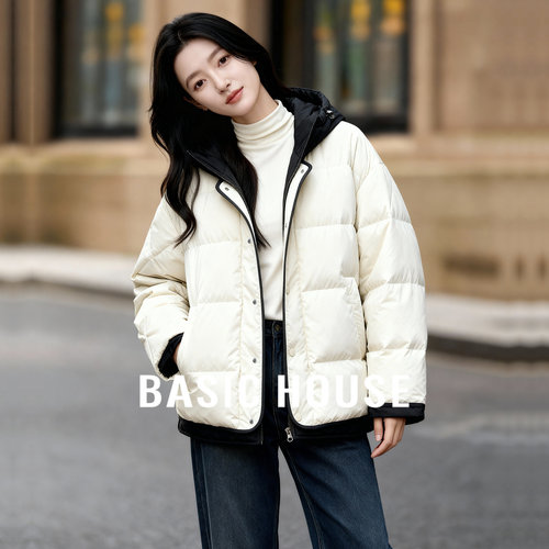 Basic House/百家好连帽短款白色羽绒服女冬季冬季新款休闲风外套