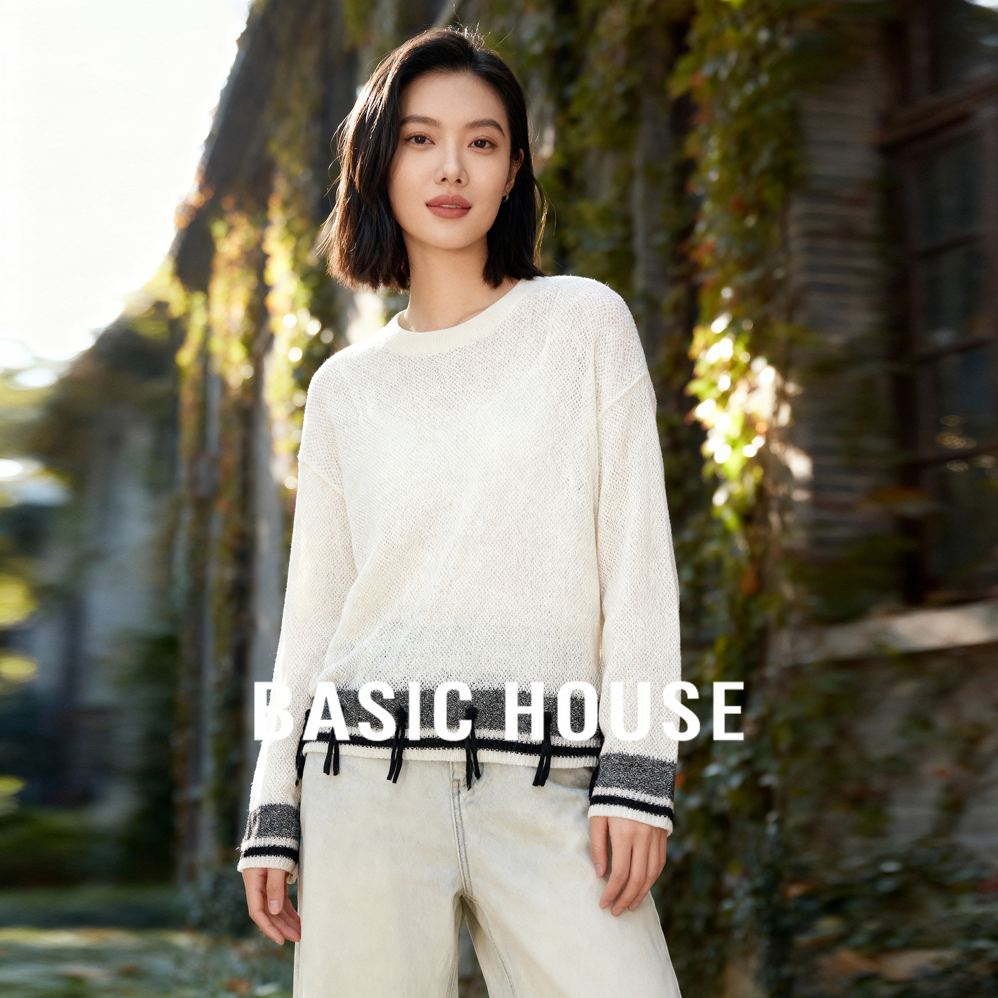 Basic House/百家好拼接撞色下摆流苏设计秋季新款宽松透气针织衫