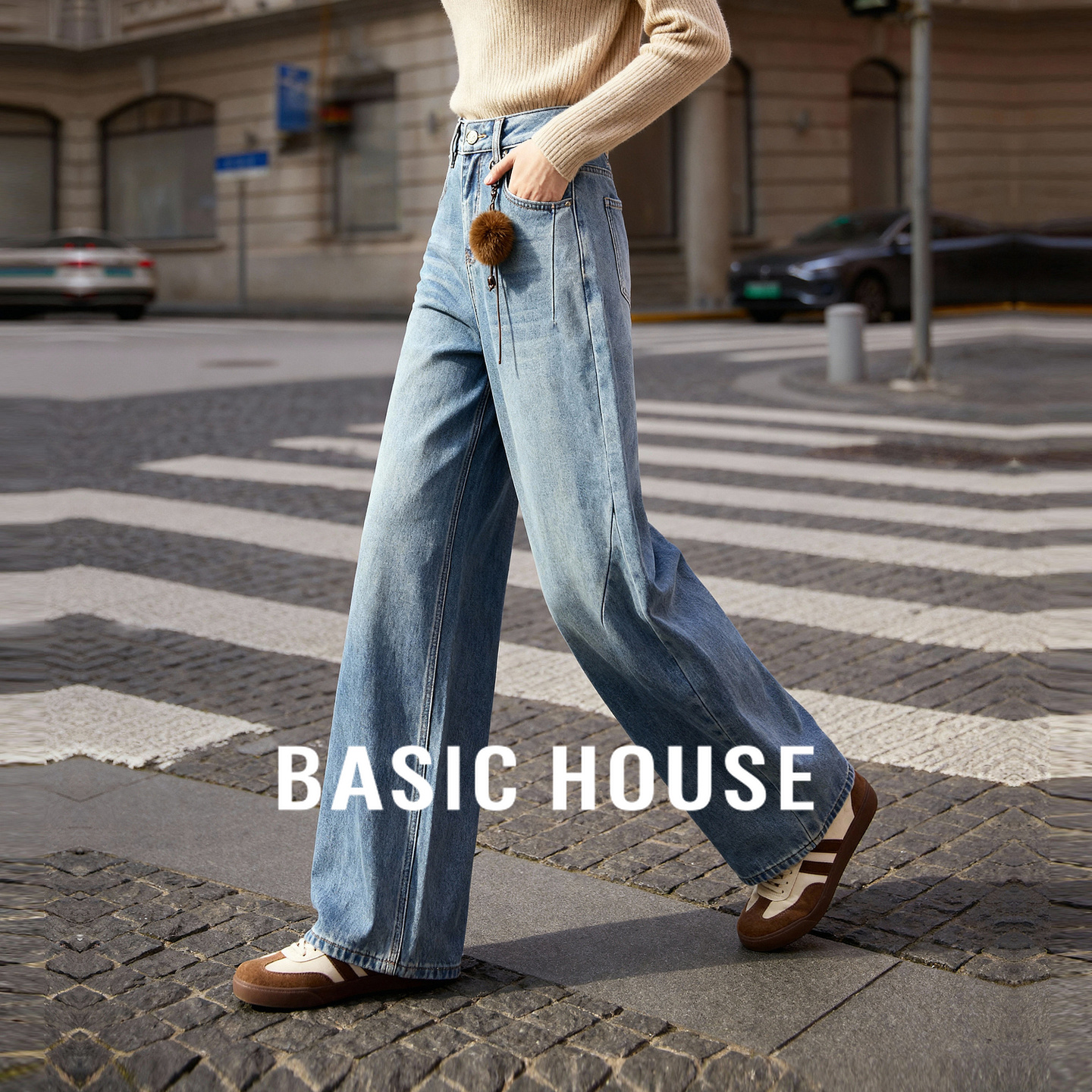 Basic House/百家好高腰加绒阔腿牛仔裤女秋冬宽松通勤百搭拖地裤