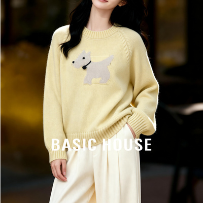 Basic House/百家好小狗提花套头毛衣女冬季圆领甜美减龄保暖上衣