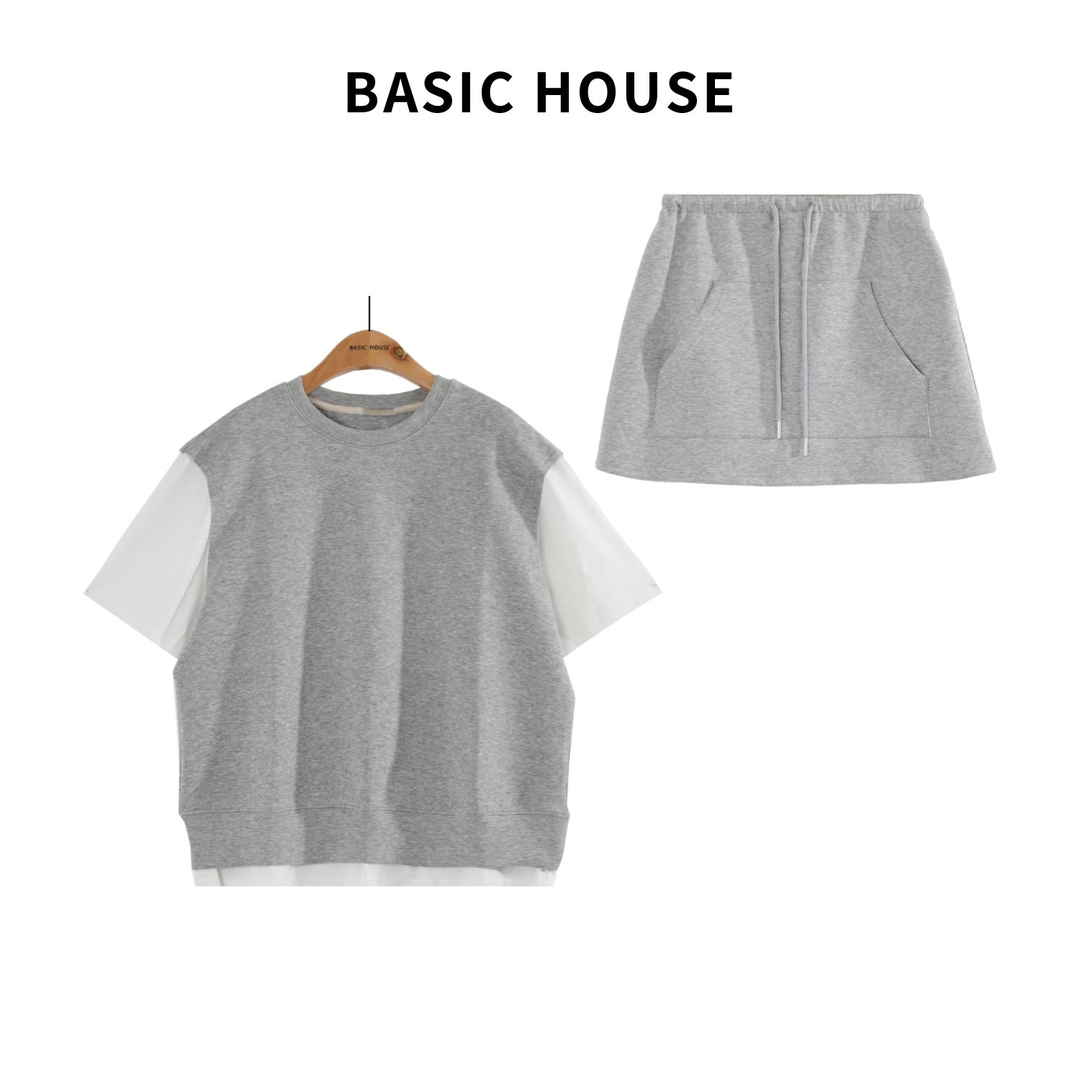 Basic House/百家好假两件撞色短袖T恤短裙两件套休闲运动套装夏