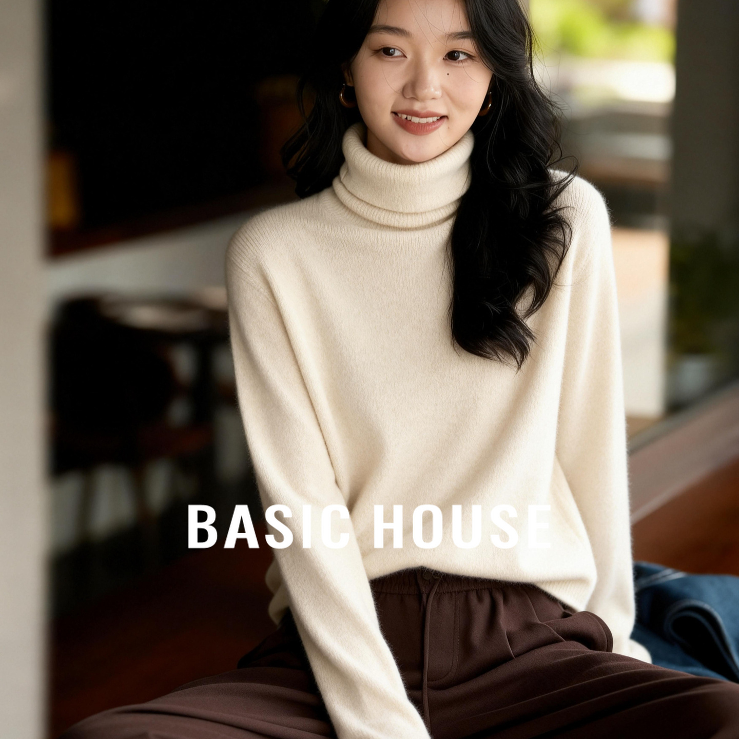 Basic House/百家好无缝高领打底衫25冬新款显瘦修身保暖休闲毛衣