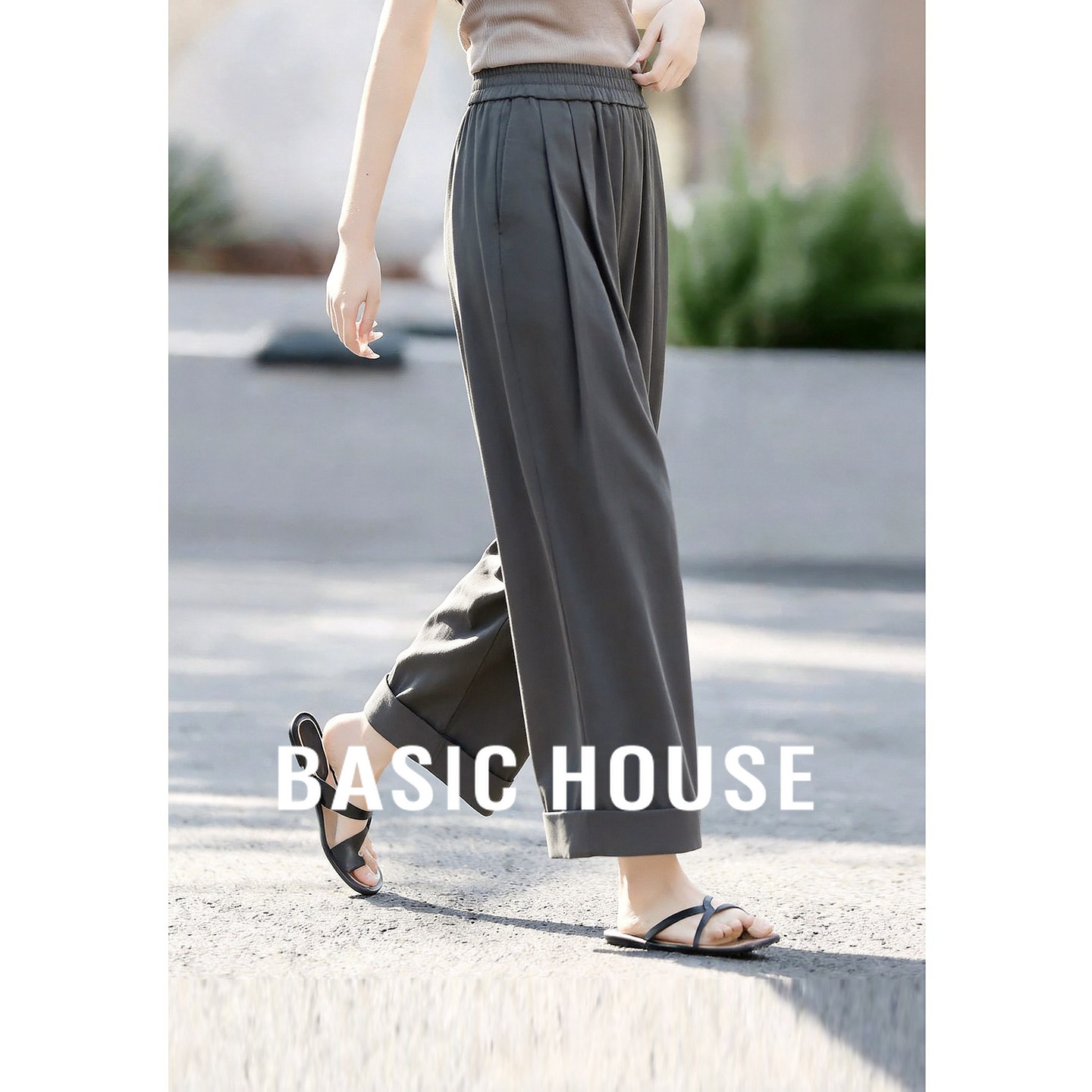 Basic House/百家好灰色高腰褶皱阔腿裤女夏季宽松休闲薄款九分裤