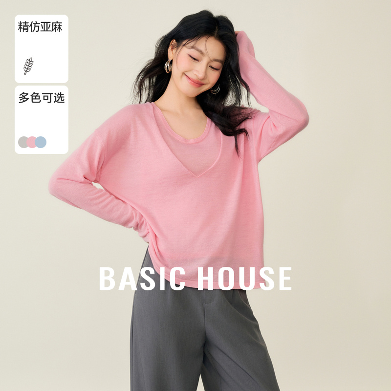 Basic House/百家好宽松显瘦两件式设计针织衫女夏秋新款透气上衣