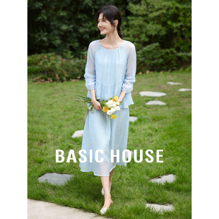 圆领设计感气质长裙 七分袖 百家好清新慵懒风蓝色连衣裙女夏季 新款