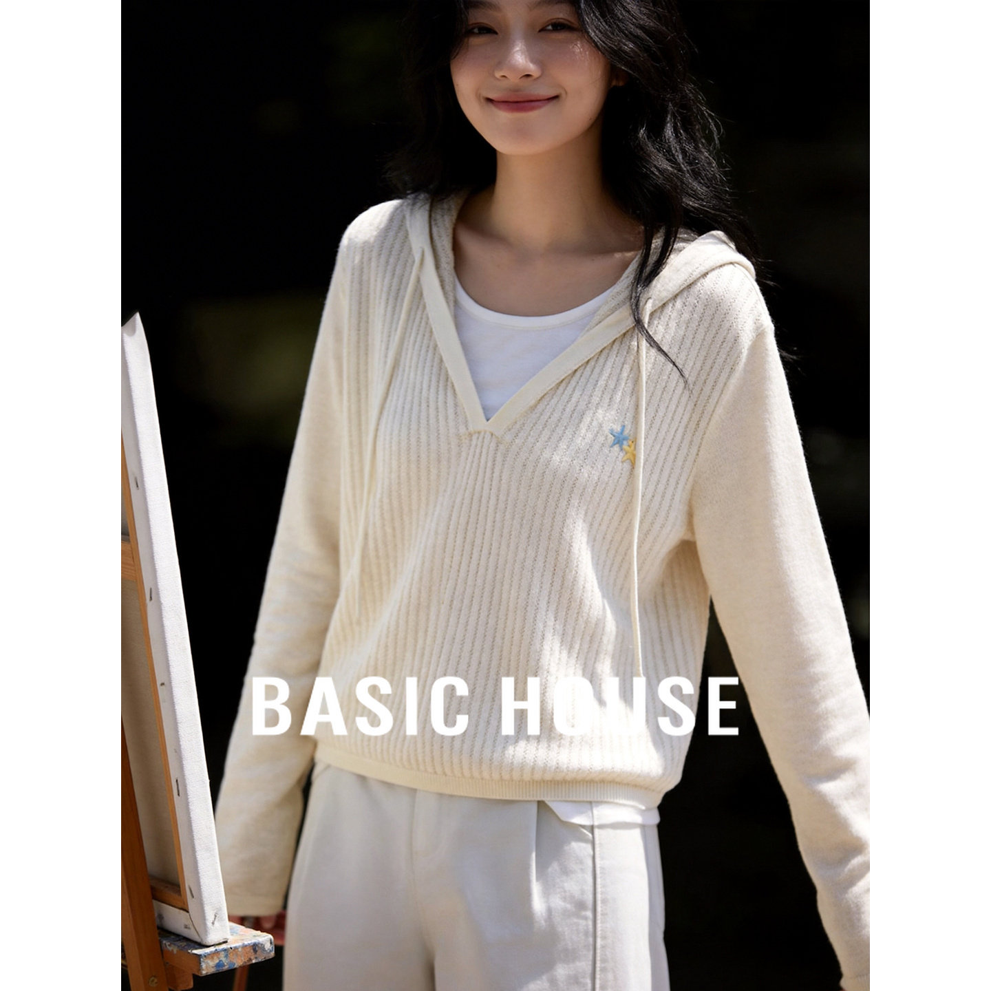 Basic House/百家好假两件连帽针织衫女春季新款竖纹宽松休闲毛衫