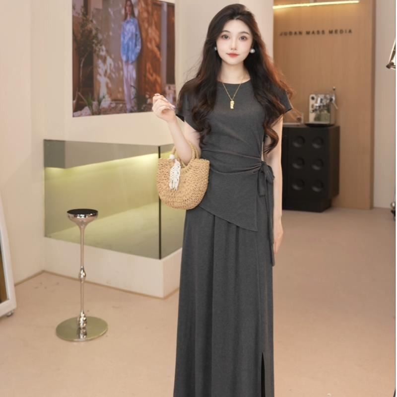 Basic House/百家好侧边抽绳收腰短袖上衣优雅气质半身裙两件套女