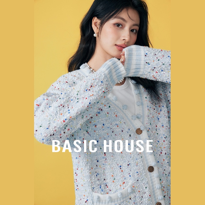Basic House/百家好彩色圆点落肩开衫外套女2025新款慵懒宽松毛衣