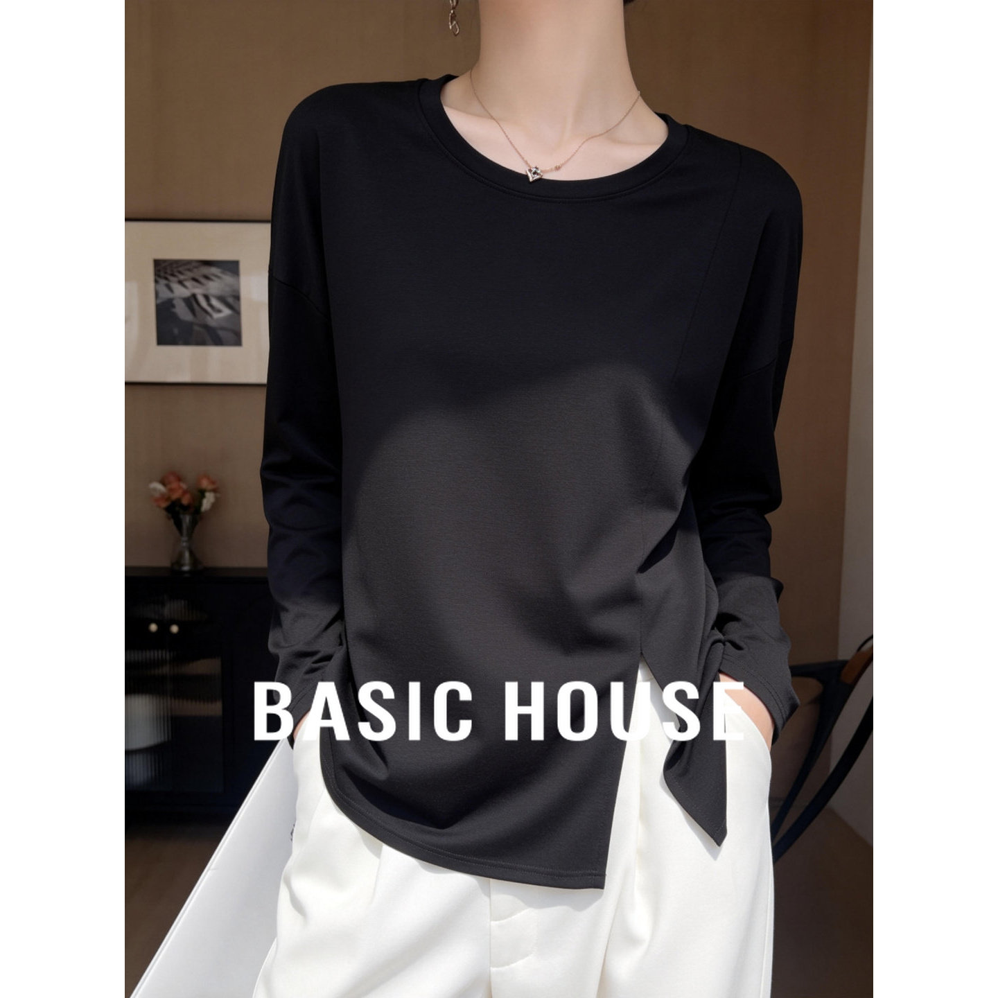 Basic House/百家好黑色苎麻长袖针织衫女夏季新款侧开叉薄款罩衫