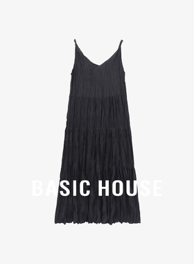 Basic House/百家好黑色长裙女2026春新款压皱长款无袖吊带连衣裙