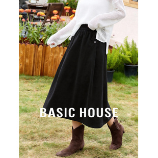 新款 百家好黑色灯芯绒半身裙春季 松紧腰大摆A字伞裙 House Basic