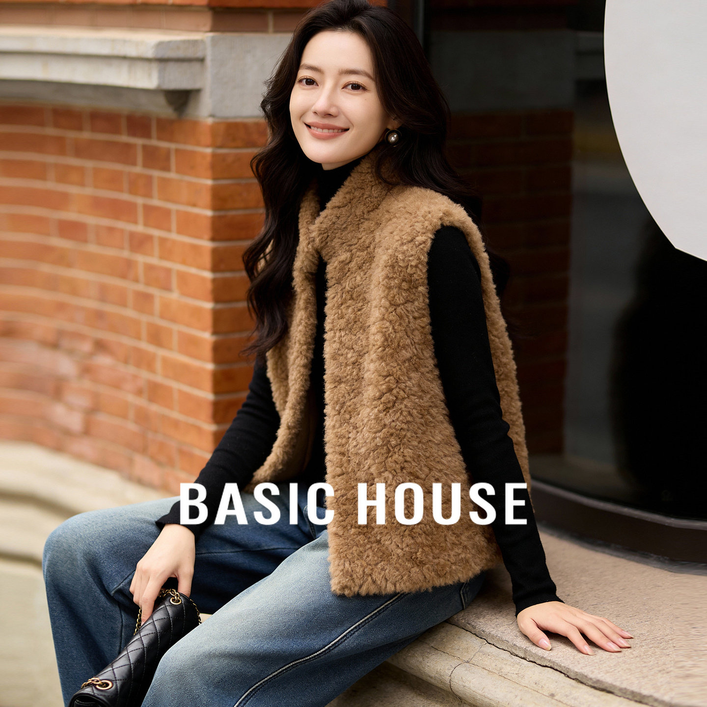 Basic House/百家好立领毛毛马甲女冬季新款宽松叠穿背心无袖外套