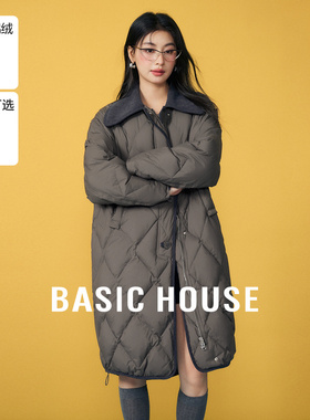 Basic House/百家好灯芯绒翻领菱格羽绒服冬季白鸭绒中长款外套女