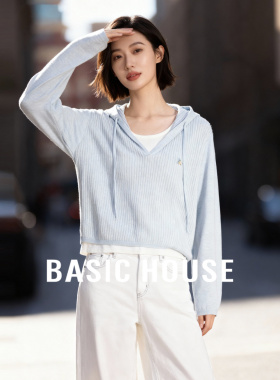 Basic House/百家好假两件连帽针织衫女春季竖纹宽松休闲套头上衣