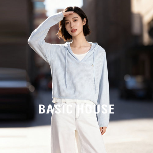 Basic House/百家好假两件连帽针织衫女春季竖纹宽松休闲套头上衣