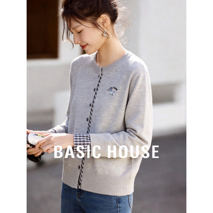 女士灰色格纹拼接显瘦百搭外套 新款 百家好假两件休闲针织开衫 春季