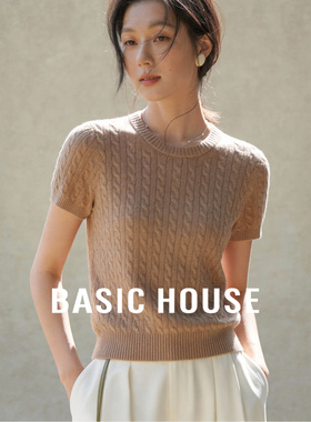 Basic House/百家好绞花短袖针织衫女2026春季新款短款羊毛衫上衣