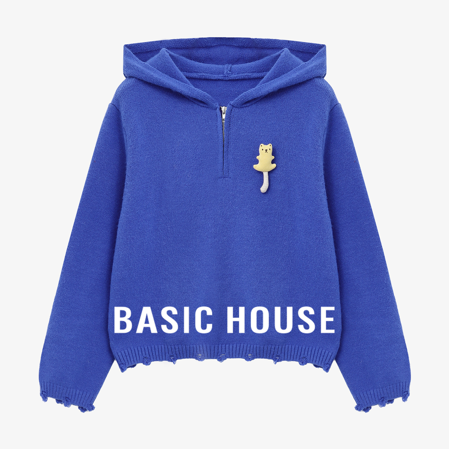 Basic House/百家好撞色连帽针织开衫女冬小猫装饰半拉链宽松毛衣