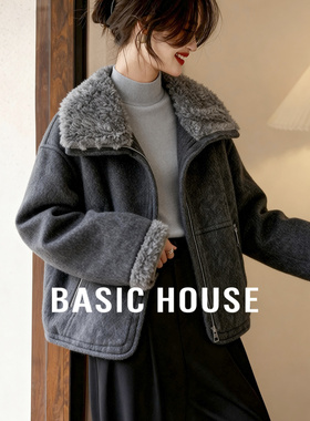 Basic House/百家好绵羊毛90鸭绒毛领外套女冬季新款加厚短款上衣