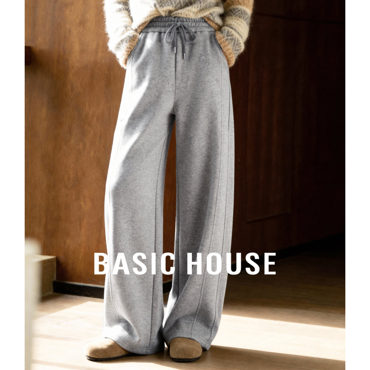 百家好灰色阔腿抽绳运动卫裤春季新款女士遮肉显瘦休闲直筒长裤子