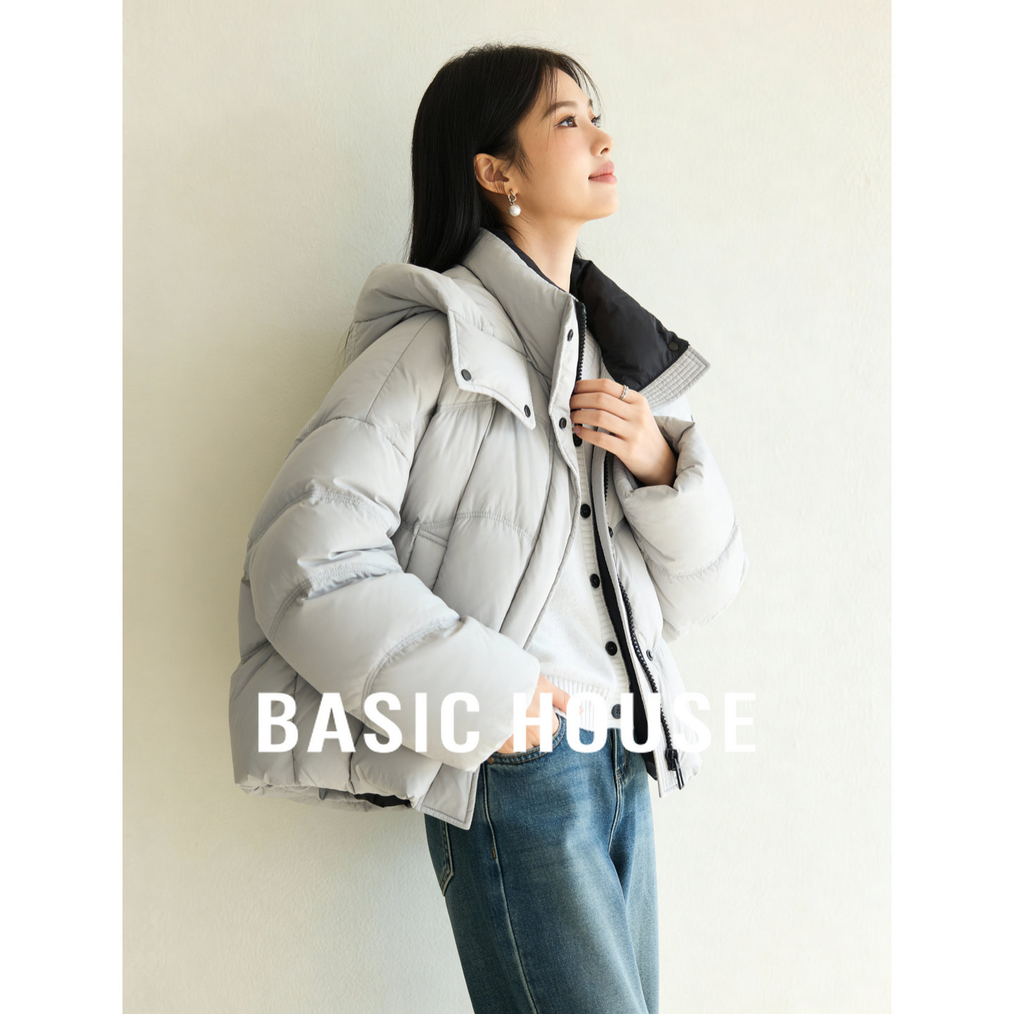 百家好蓝色白鸭绒短款羽绒服冬季新款女士保暖连帽小个子冬装外套