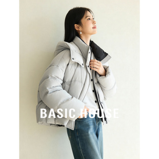 百家好蓝色白鸭绒短款羽绒服冬季新款女士保暖连帽小个子冬装外套