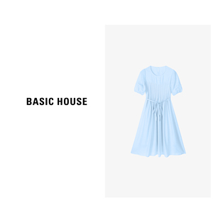 Basic House/百家好醋纤纯色拼接褶皱长裙夏日新品优雅短袖连衣裙