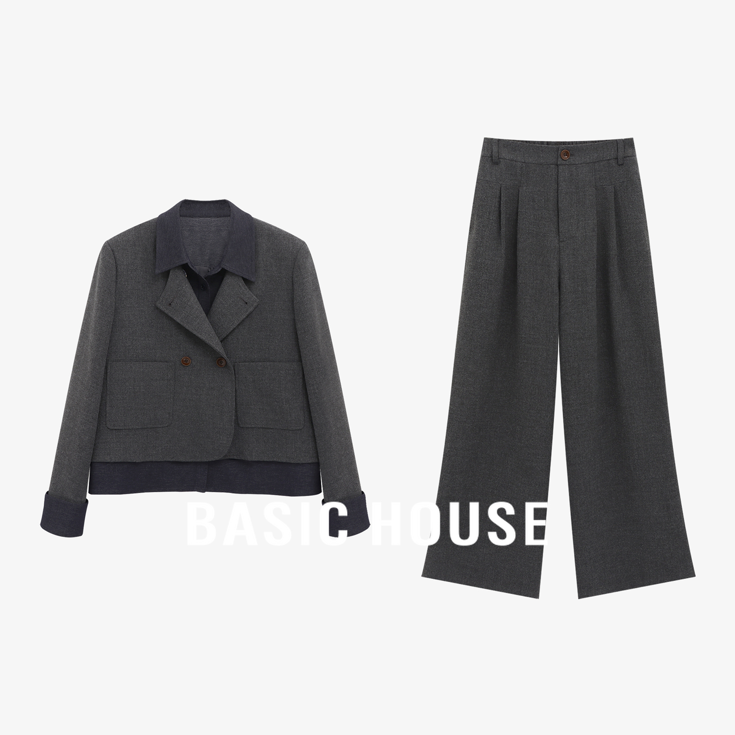 Basic House/百家好25秋季高级感西装套装女短款外套阔腿裤二件套