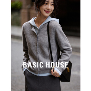 新款 Basic 女春季 百家好假两件羊毛针织开衫 连帽毛衣外套 House