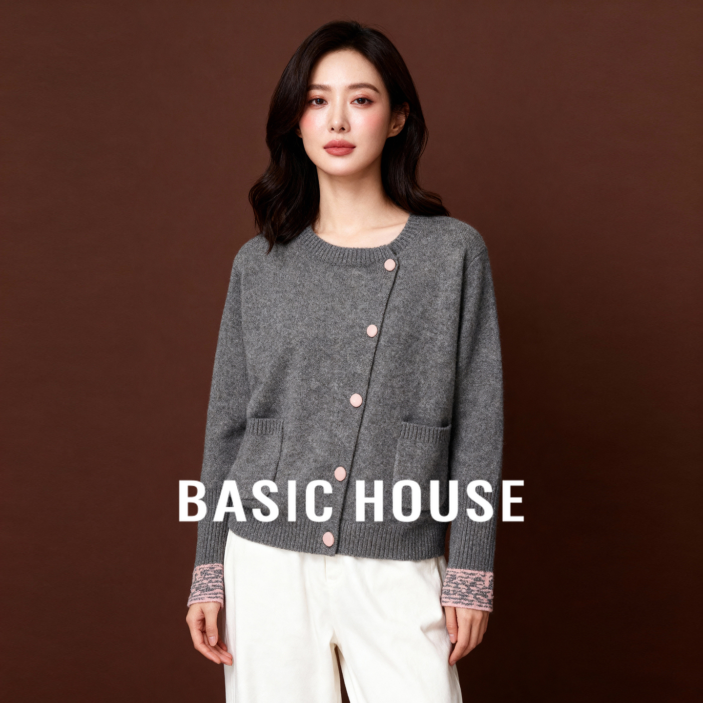 Basic House/百家好撞色圆领斜门襟开衫外套2025秋冬简约开衫毛衣