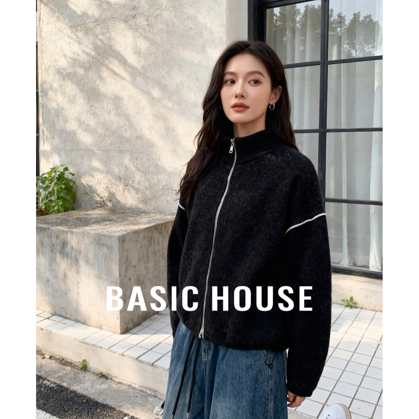Basic House/百家好拉链针织毛衣外套25秋冬立领撞色线条设计上衣