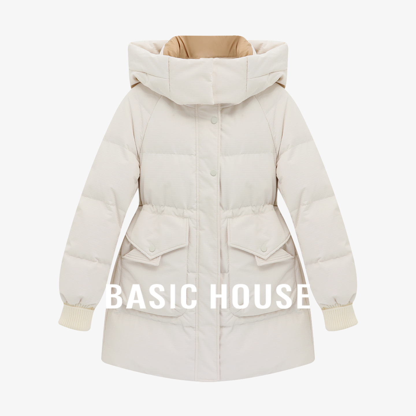 Basic House/百家好连帽撞色羽绒服韩版加厚长款白鸭绒外套冬保暖