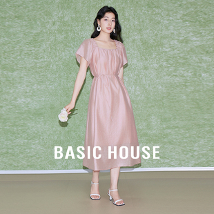 Basic House/百家好粉色短袖连衣裙温柔风方领中长款裙子夏季新款