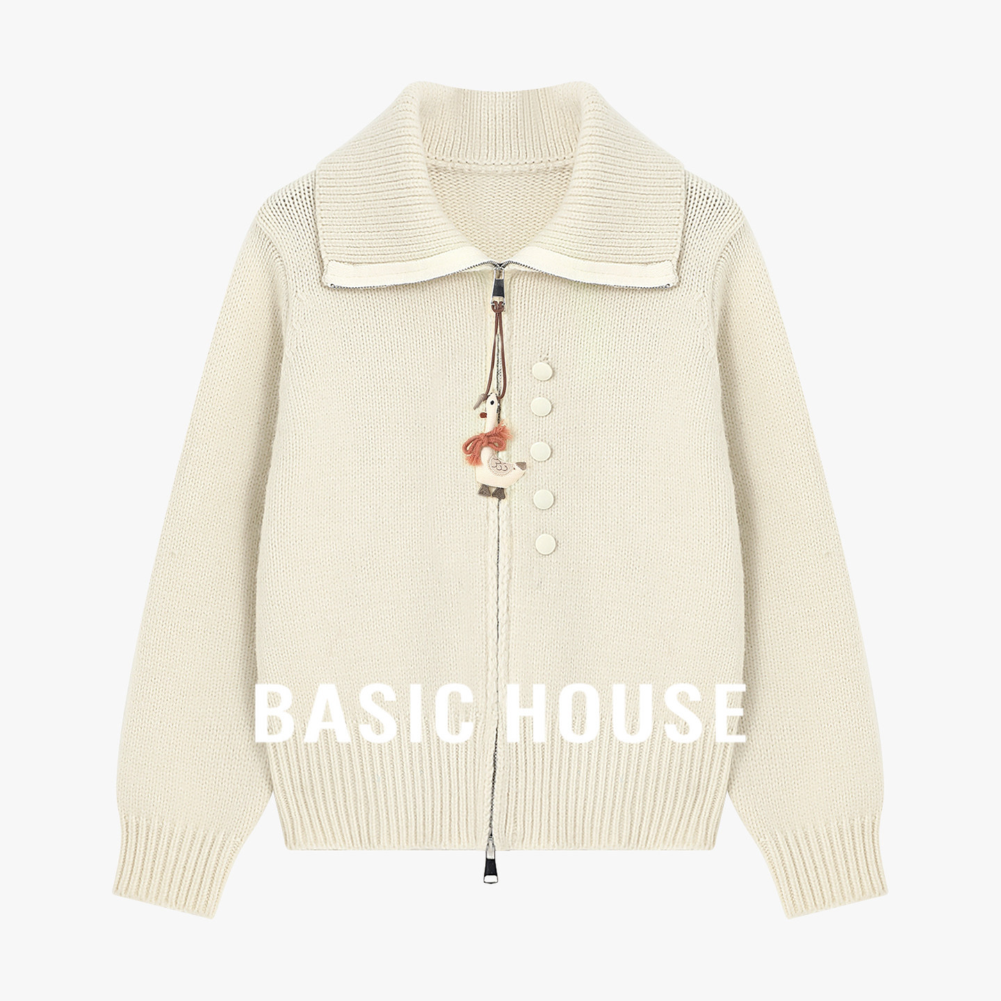 Basic House/百家好翻领双拉链针织开衫女春卡通挂饰宽松毛衣外套,女装/女士精品,毛衣,淘宝优惠券,粉丝福利购,淘宝优惠卷