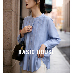 女春季 百家好蓝色圆领拼接衬衫 单排扣小众设计上衣 House Basic