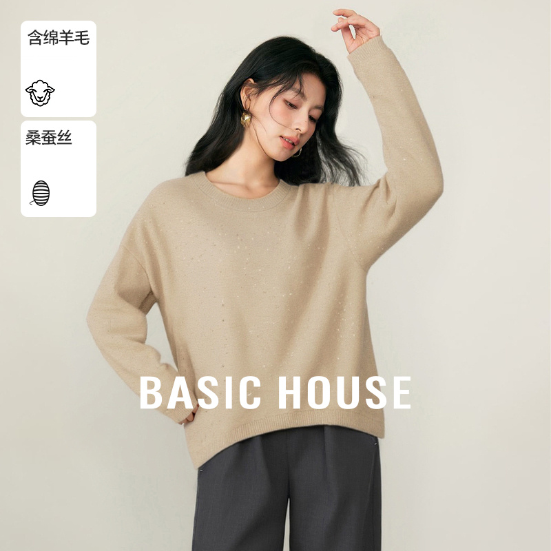 Basic House/百家好绵羊毛亮片针织衫女秋冬新款气质套头圆领上衣
