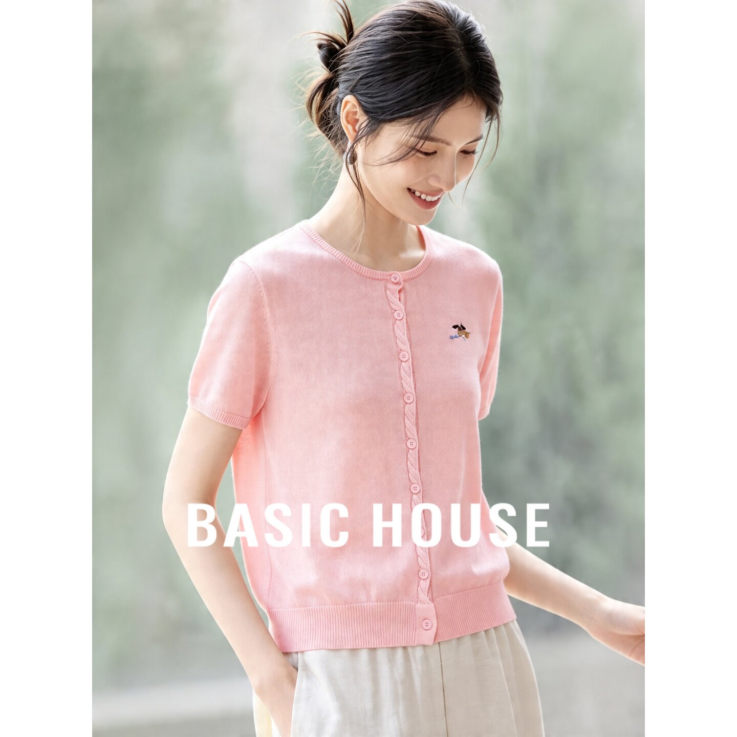 Basic House/百家好莱赛尔刺绣短袖针织开衫女夏薄款亚麻宽松上衣