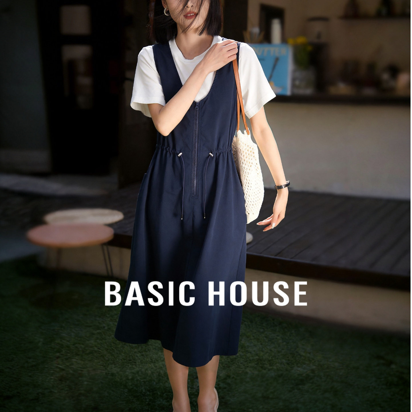 Basic House/百家好假两件连衣裙套装女夏季抽绳收腰拼接T恤裙子