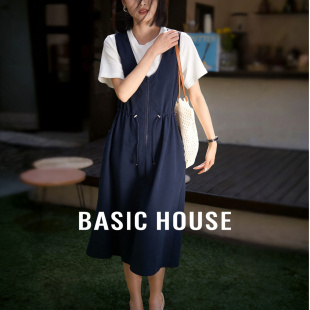 Basic House/百家好假两件连衣裙套装女夏季抽绳收腰拼接T恤裙子