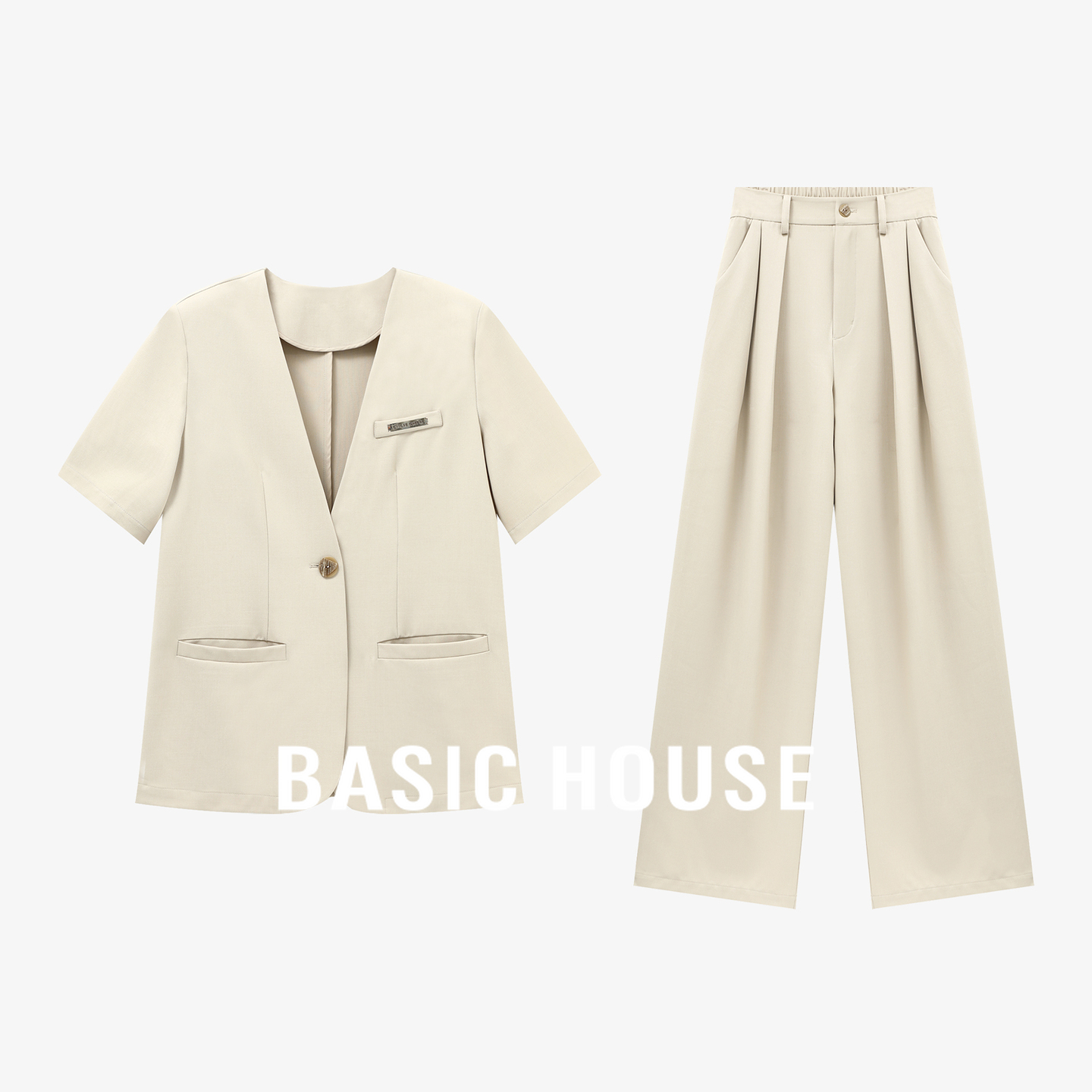 Basic House/百家好夏季新款短袖气质感西装外套高腰西装裤二件套
