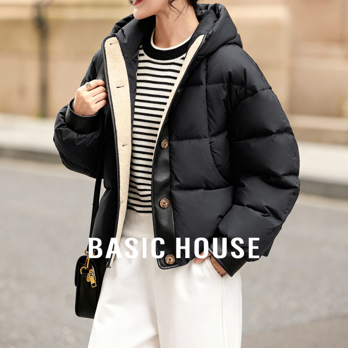 Basic House/百家好连帽撞色羽绒服女韩版加厚短款白鸭绒保暖外套