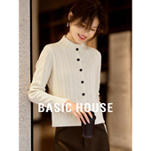 百家好米白色绞花针织开衫 Basic House 女下摆流苏慵懒风圆领毛衣
