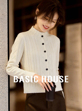 Basic House/百家好米白色绞花针织开衫女下摆流苏慵懒风圆领毛衣