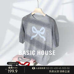 Basic House/百家好绵羊毛圆领针织衫女夏季甜美风蝴蝶结短袖上衣