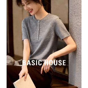 女士慵懒风简约休闲上衣 新款 百家好黑灰色闪点针织亨利领短袖 春季