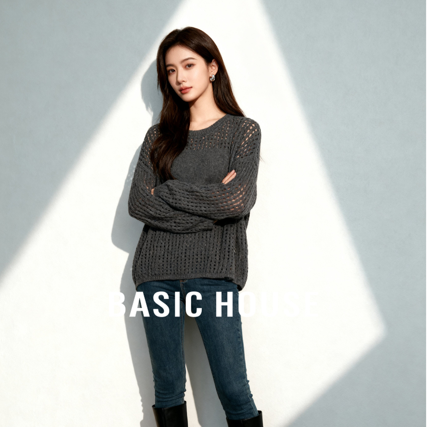 Basic House/百家好镂空透气毛衣2025秋季宽松显瘦套头圆领上衣女