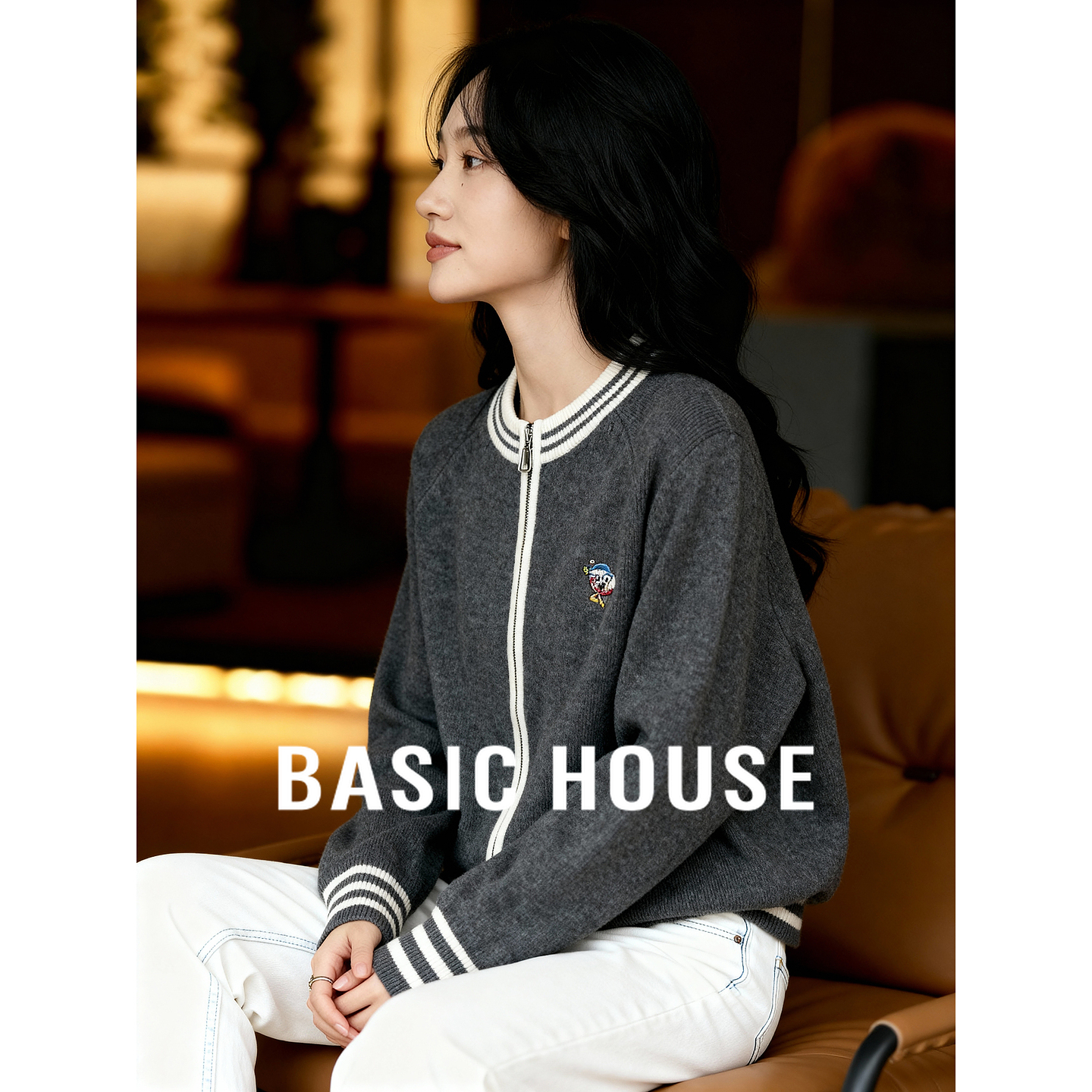 Basic House/百家好百搭棒球服外套女秋冬刺绣撞色拉链开衫毛衣
