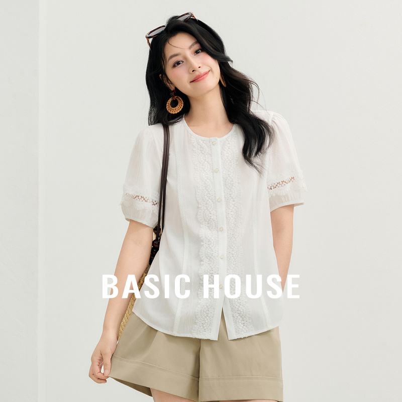 Basic House/百家好休闲百搭夏季新款宽松圆领短袖淡人开衫衬衫女